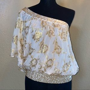 💚 bebe chiffon gold and cream one shoulder top